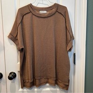 Zenana Women’s Oversized Ribbed Exposed Seam Short Sleeve Brown Top Size S/M